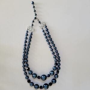 Elegant Vintage Navy Blue Faux Pearl Beaded Necklace Silver Made in Japan